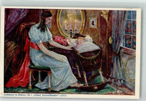 Volkslieder in Bildern Nr. 1 Schlaf, Herzenssöhnchen Baby in der Wiege sign. Baluschek Kolonial Kriegerspende