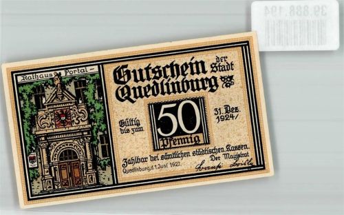 Quedlinburg 1921 50 Pfennig Gutschein Rathaus Portal