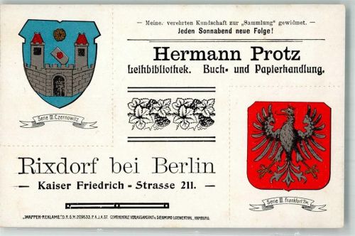 Rixdorf Czernowitz und Frankfurt Werbung Leihbibliothek Hermann Protz