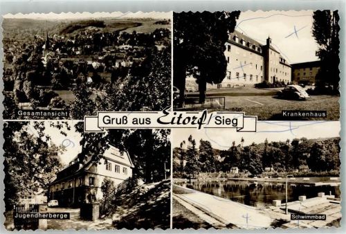 Eitorf Schwimmbad Krankenhaus Jugendherberge Striche auf Bildseite Ort handschriftlich FOTO KEINE AK