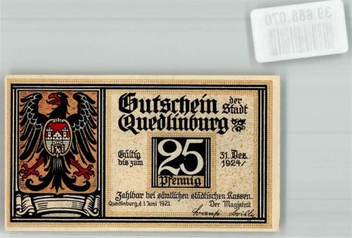 Quedlinburg 1921 25 Pfennig Gutschein Klopstock`s Geburtshaus