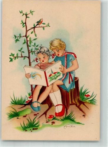 sign. Erika Zwei Mädchen lesen in einem Märchenbuch Buch lesen Künstlerkarte