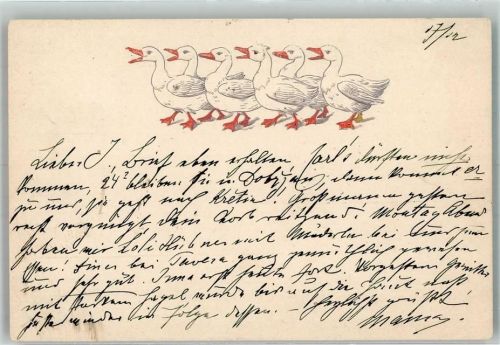 1898 Prägedruck Schnatternde Gänse im Gleichschritt