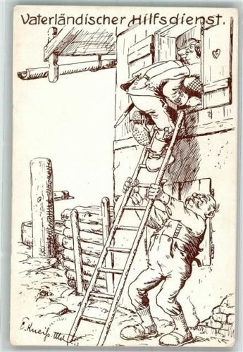 1917 sign. Kneihs Vater hält die Leiter für einen Landser um ins Fenster seiner Tochter zu gelangen