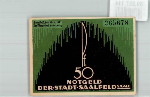 Saalfeld 1921 Gutschein über 50 Pfennig Rathaus