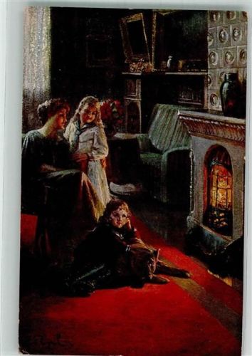 1914 - 1918 Mutter und Kinder Idyll am Kamin sign. Rumpel