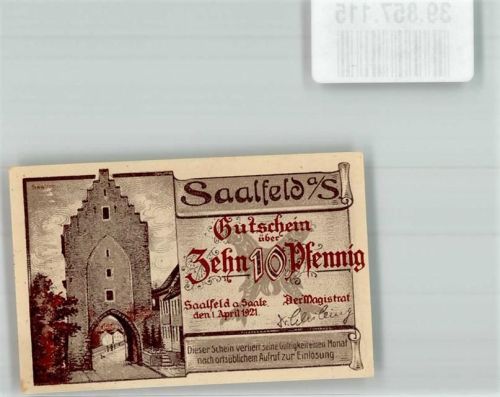 Saalfeld 1921 Gutschein über 10 Pfennig Saaltor Brücke von Kulm