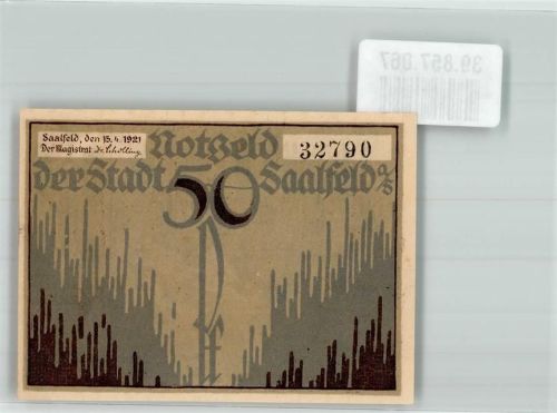 Saalfeld 1921 Gutschein über 50 Pfennig Feengrotten