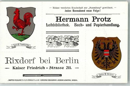 Rixdorf Serie III Frankfurt und Brünn Hahn Werbung Leihbibliothek Hermann Protz