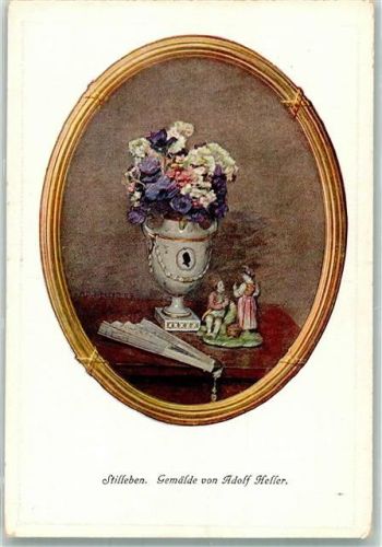 sign. Heller Adolf Stillleben Blumen in Vase Fächer Porzellanfigur