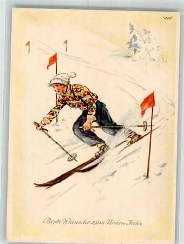 Skifahrer rast den Abhang hinunter Neujahr VEB Volkskunstverlag Nr. 4162