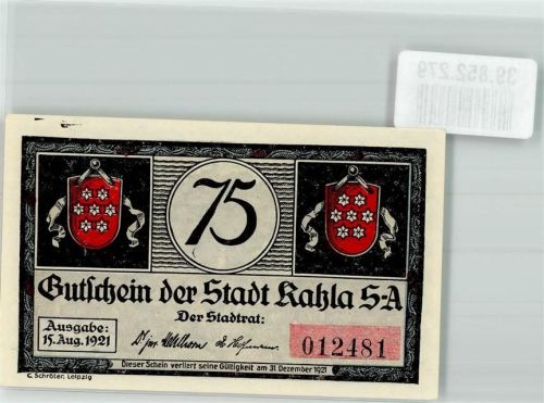 Kahla 1921 75 Pfg. Gutschein Nr. 012481