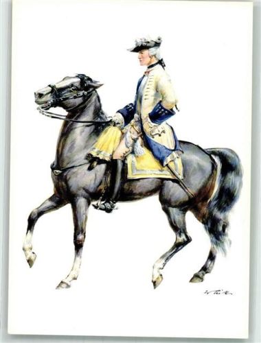 sign. Tritt Offizier des Regimentes Graf Taxis Kurpfalz in Uniform zu Pferde aus dem Jahre 1748