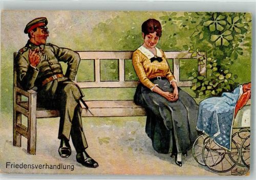 1920 Landser in Uniform spricht sich mit seiner Frau auf einer Parkbank aus Maschinenstempel