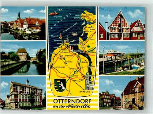 21762 W2178 Otterndorf , Niederelbe - Johann-Heinrich-Voß-Haus Alte Lateinschule Gasthaus Elb-Terrassen Rathaus Stilisierte Landkarte
