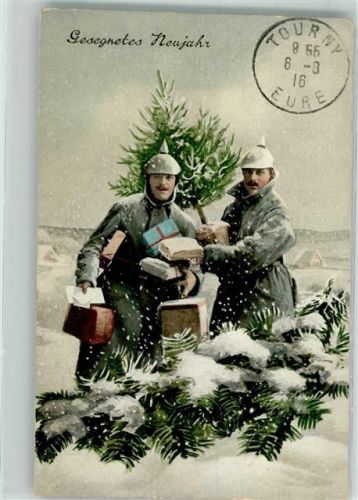 Tourny 1916 Landser in Uniform mit Tannenbaum und Geschenkpäckchen Winter Ort lt. Feldpoststempel