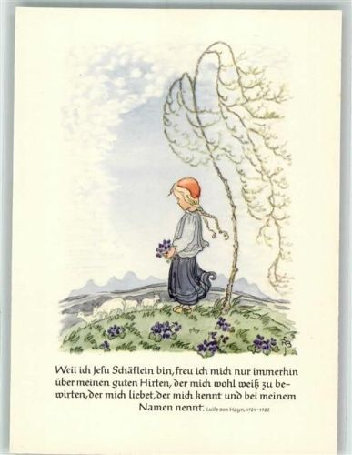 sign. Busch-Schumann Mädchen sieht sich als Schäflein Gottes mit christlichem Spruch von Luise von Hayn