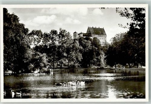 89257 W7918 Illertissen Foto AK Weiher mit Schloss Schwäne