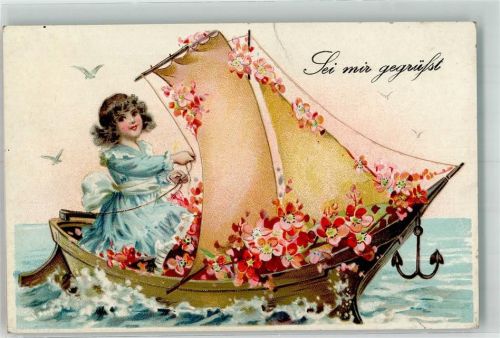 Prägedruck Ein Kind in einem mit Blumen überquellendem Boot Segelboot 1911 Gebrauchsspuren