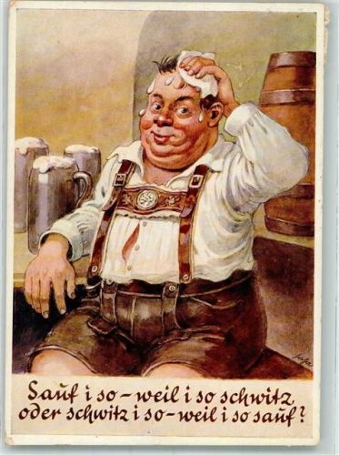 Bayer in Lederhose schwitzt vom saufen Verlag Lengauer Nr. 3062 Hüttenstempel Oktoberfest Notopfermarke