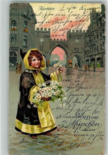 München 1915 Das Kindl verschenkt Blumen vor dem Karlstor Feldpost WK I Maschinenstempel