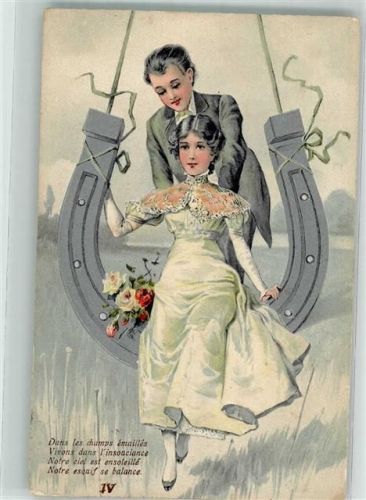 1907 Prägedruck Junger Mann mit seiner Liebsten in einer Schaukel Poesie Rosen Mode