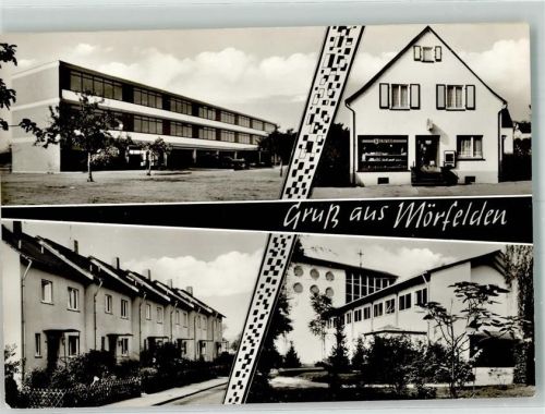 64546 W6082 Mörfelden Foto AK Geschäft Walter Adam Reihenhaussiedlung Kirche St. Marien Königin des Hl. Rosenkranzes