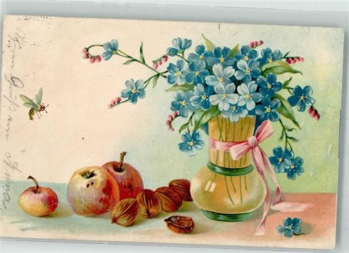 1909 Eine Vase mit Vergissmeinnicht Äpfel Walnüsse und Biene