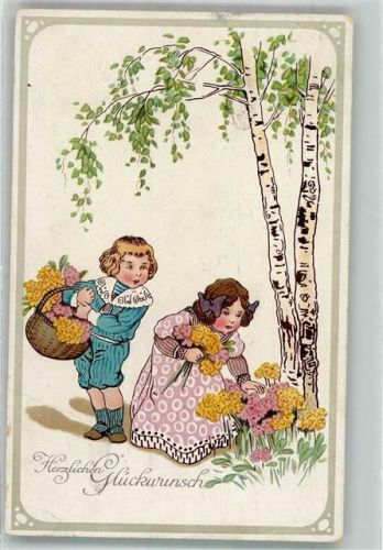 1916 Kinder pflücken Blumen Birkenbaum
