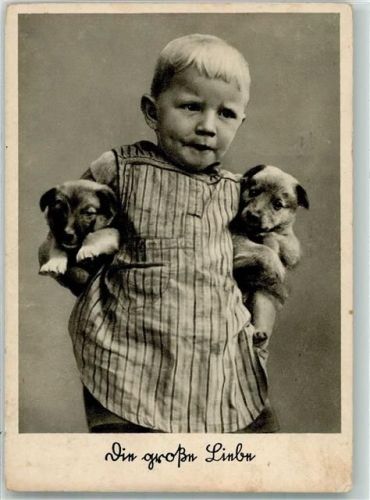 1937 Mensch und Tier Kind hat im Arm 2 kl. Hunde