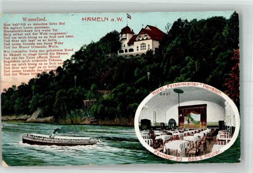 Hameln 1911 Text des Weserliedes Hotel Pension Felsenkeller Fahrgastschiff auf der Weser