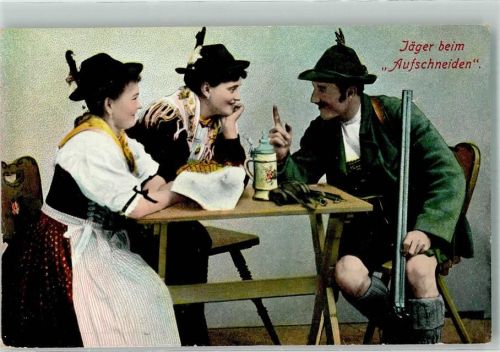 Angeberischer Jäger beim Bier vor jungen Frauen in Werdenfelser Tracht