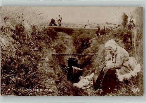 sign. Zorn Alte Frau kocht Wasser auf einem Feuer in einem Graben
