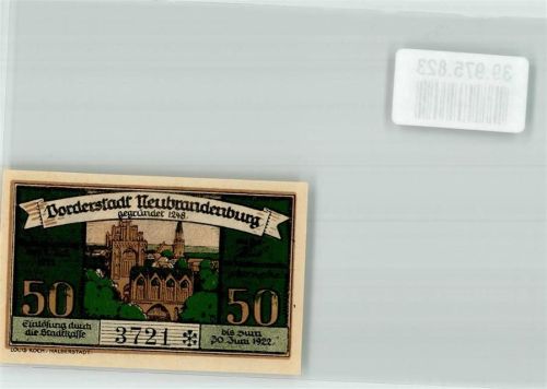17033 O2000 Neubrandenburg , Meckl 1922 Notgeldschein Einlösung Stadtkasse 50 Pfennig Rathaus