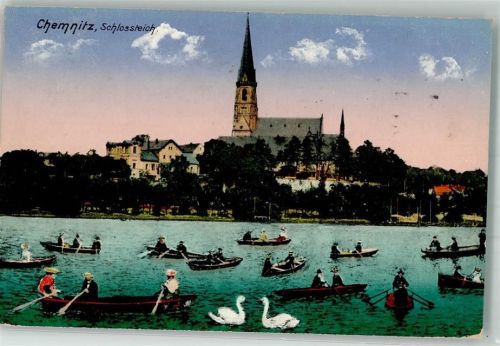 Chemnitz 1916 Kirche Schlossteich Ruderboote
