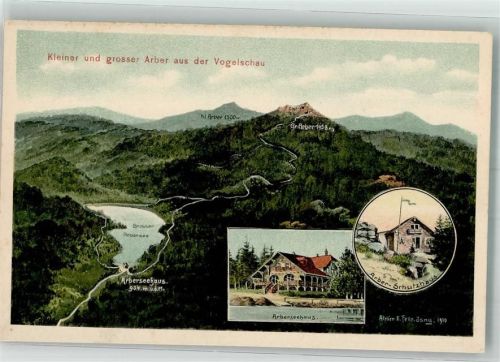 94252 W8371 Arberseehaus 1910 Künstlerkarte sign. Felle, Eugen Vogelschau der Gegend um den Arber mit Arber-Schutzhaus Hüttenstempel Arbersee