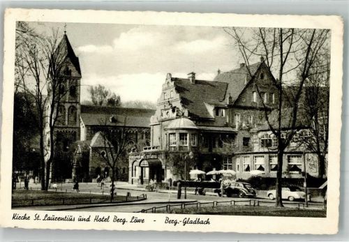 51427 W5060 Bergisch Gladbach - Kirche St. Laurentius u. Hotel Berg. Löwe Oldtimer