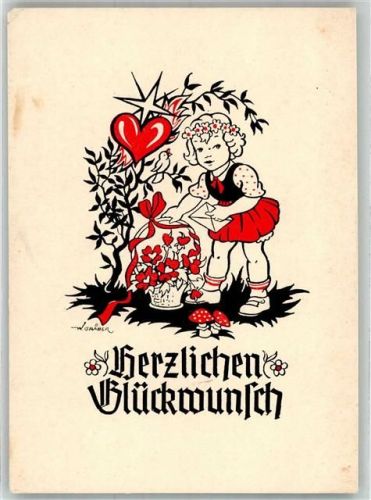 sign. Gräbler Mädchen Herz Blumen Pilz