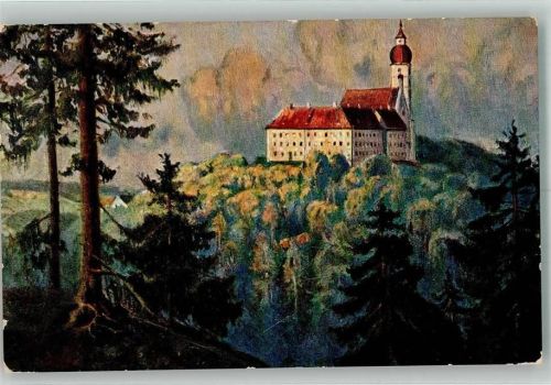 Andechs 1907 Benediktinerkloster über dunklen Wäldern