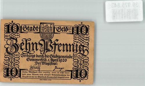 Sommerfeld 1920 Stadtgeld über 10 Pfennig Rathaus und Kirche