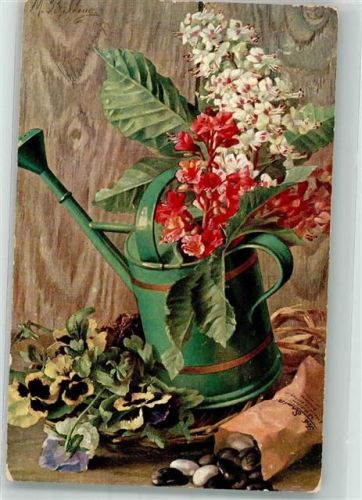 1907 Stillleben Gießkanne Kastanienblüten Hornveilchen H.K.C.M. Serie 322