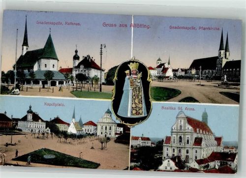 Altötting 1916 Gnadenkapelle Rathaus Kapellplatz Basilika St. Anna Stiftspfarrkirche St. Phillipus und Jakobus Schwarze Madonna Fotograf Hans Strauss Nr. 746