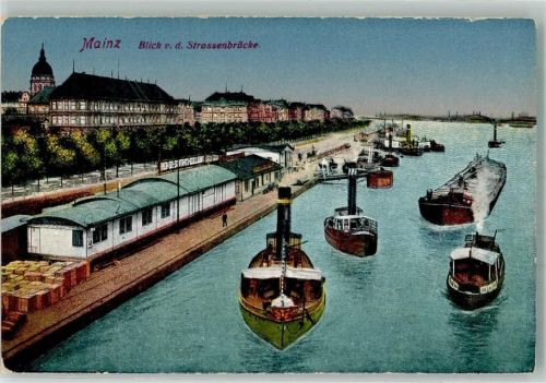 Mainz Blick v. d. Straßenbrücke Dampfer Binnenschiff
