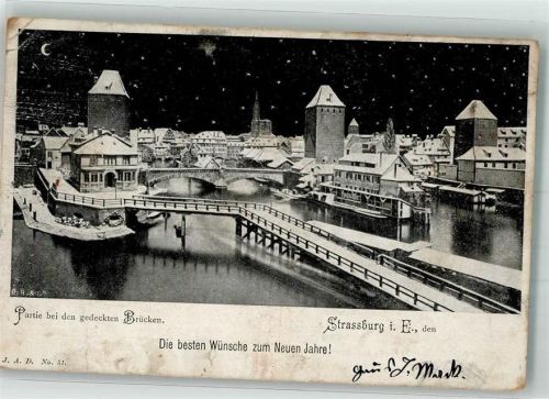 Strasbourg 1899 Winter Mondschein Gedeckte Brücken