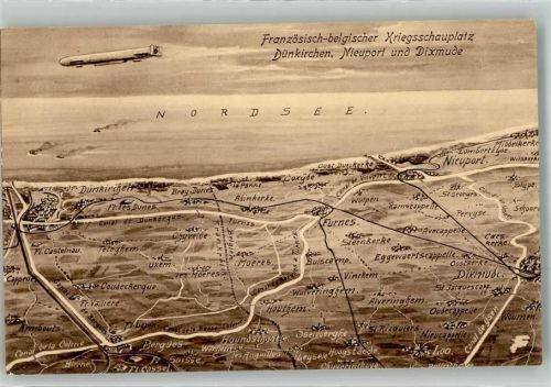 Dunkerque Landkarte Französisch-belgische Küste WK I Kriegsschauplatz Zeppelin