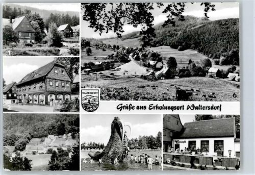 Waltersdorf Neu-Sorge, Oberlausitzer Hausm Sonnebergbaude, Waldstrandbad Großschönau, Eiscafé, Blick zur Lausche, Wappen