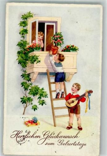 1941 Geburtstag Leiter zum Fenster Ständchen Blumentopf