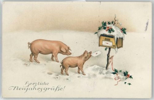 Neujahr, Briefkasten Schwein Künstlerkarte