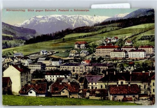 Mürzzuschlag Blick gegen Bahnhof, Postamt, Schneealpe