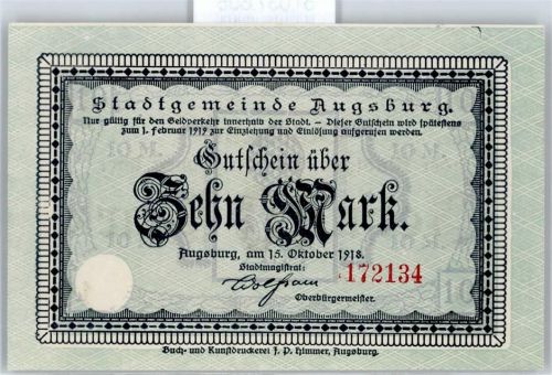 Notgeld 10 Mark , Augsburg